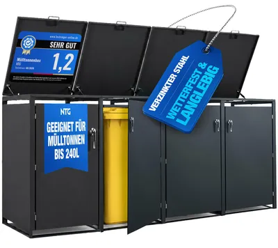 Produktbild von 4x Mülltonnenbox 240L Anthrazit – Mülltonnenverkleidung / Mülltonnenhaus aus verzinktem Stahl mit Soft-Close Deckel, Schloss & Belüftung