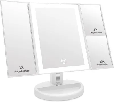 Produktbild von Drei-Seitige Kosmetikspiegel mit LED-Beleuchtung und Touchscreen - Vergrößerung 1x 5x 10x - Batterien und USB - Kosmetikspiegel - Weiss