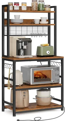 Zdjęcie produktu dla Półka kuchenna z gniazdkami elektrycznymi i 14 haczykami - Półka na mikrofalówkę o wymiarach 40 x 80 x 170 cm - Z listwą gniazd elektrycznych - Wykonana z płyty wiórowej i stali