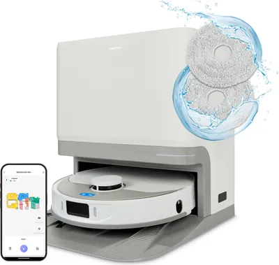 A white and gray robot vacuum cleaner with its charging station and a smartphone displaying its app.
