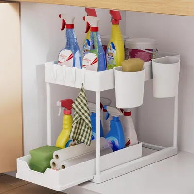 Produktbild von Küchen Organizer 2 Etagen Unter Waschbecken Regal mit Haken und Tasse Weiß 1 Set