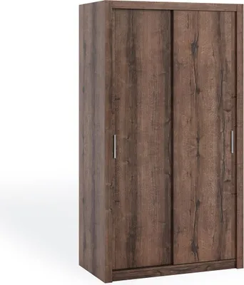 A brown sliding door wardrobe with a wood grain finish, shown against a white background.