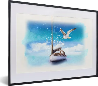 Produktbild von MuchoWow® MuchoWow® Gerahmtes Poster Boot - Wasser - Möwe 40x30 cm - Poster mit zchwarzem Bilderrahmen - Bilderrahmen - Poster im Rahmen