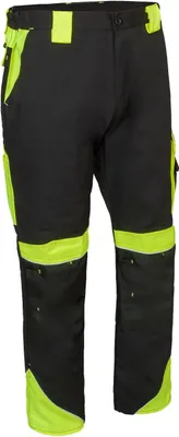 A pair of black and yellow work pants shown from the front.