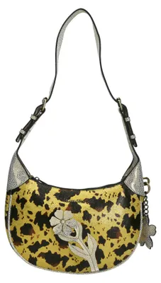 Produktbild von Laura Vita Damen Schultertasche mit Kuhflecken-Muster und Blüte Alba 02, Farbe:Gelb