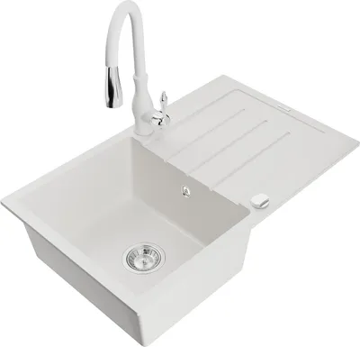 Immagine prodotto di Mexen Bruno lavello da cucina in granito con 1 vasca, scolapiatti e rubinetto Savita, bianco - 6513-20-672601-20