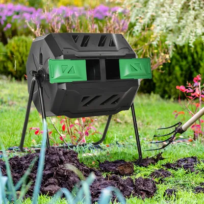 Produktbild von drehbar 360°, Komposter mit 2 Kammern, Gartencomposter, Schwarz+Grün | Stahl+Kunststoff | 71 x 64 x 96 cm | 160 L