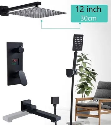 Zdjęcie produktu dla Zestaw prysznicowy z deszczownicą – z osłoną LED – w kolorze czarnym – wykonany z tworzywa ABS i stali nierdzewnej
