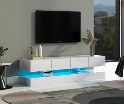 Productafbeelding van Wandgemonteerde TV-kast, 130x33x15 cm, wit, gemaakt van MDF, met 4 lades, 2 kastjes en LED-verlichting, geschikt voor televisies tot 55 inch