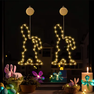 LED-Osterhasen-Fensterbeleuchtung, 2er-Set, Timer, für Innen & Außen