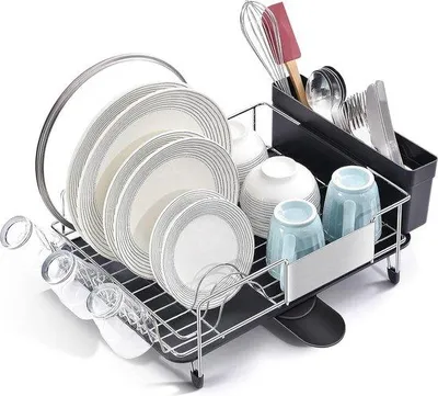 Imagen del producto de Escurreplatos de acero inoxidable Unyqoos®, gran capacidad (50 x 32 x 18 cm), desagüe giratorio de 360°, recipiente para cubiertos y soporte para tazas extraíbles, resistente a la corrosión, bandeja de desagüe de PP