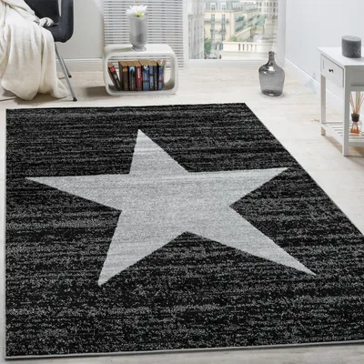 Image de Tapis à motifs étoilés, tendance moderne, poils courts, chiné, couleur anthracite, dimensions 60 x 100 cm