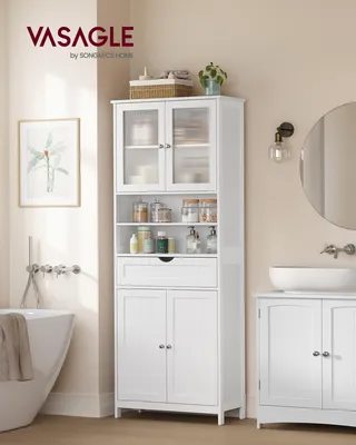 A white bathroom cabinet is shown in a well-lit bathroom setting, next to a bathtub and sink.