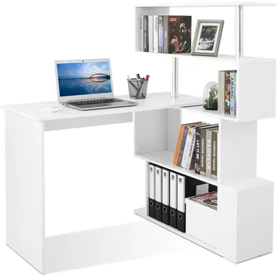 Zdjęcie produktu dla Biurko komputerowe w kształcie litery "L" z obrotową półką na książki, wymiary: 157 x 45 x 130,5 cm, kolor: biały