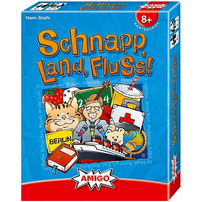 The image shows the front of a board game box with various cartoon illustrations of items and characters related to the game's theme.