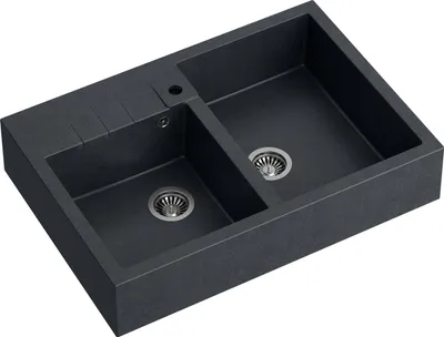 Produktbild von QUADRON Spülbecken 2-Becken Spüle | Größe: 90 x 62 x 20,5 cm | BILL 120 | Granitspüle aus GraniteQ mit Siphon | Schwarz Metallisch + Stahl