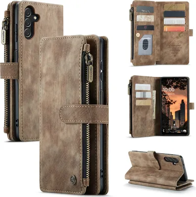 Collage of images showing a brown leather wallet-style phone case for a Samsung Galaxy A13 5G, displaying its features like card slots, zipper pocket, and stand function.