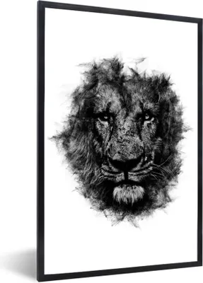 Produktbild von MuchoWow® MuchoWow® Gerahmtes Poster Löwe - Schwarz - Weiß 60x90 cm - Poster mit zchwarzem Bilderrahmen - Kunst