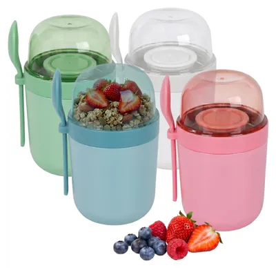Obrázok produktu pre Relaxdays, sada 4 cestovných misiek na müsli, 3 priehradky, vrátane lyžičky, s tesnením proti úniku, objem 400 ml a 280 ml, vhodné do mikrovlnnej rúry, vhodné aj ako poháre na jogurt, farebné