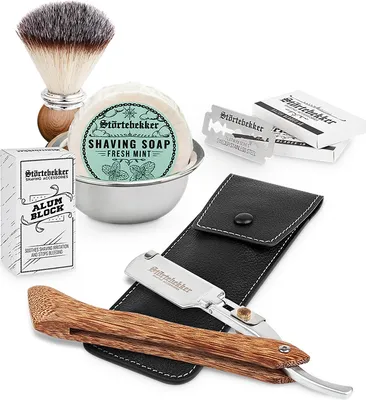 Produktbild von Rasierset - Rasiermesser Holz – Lederetui Schwarz - Fresh Mint
