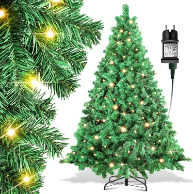 Zdjęcie produktu dla Sztuczne drzewko bożonarodzeniowe Eikuavons, 180 cm, z oświetleniem LED (250 diod, ciepła biel), w zestawie metalowa podstawa, 860 gałązek, wykonane z PVC, kolor zielony