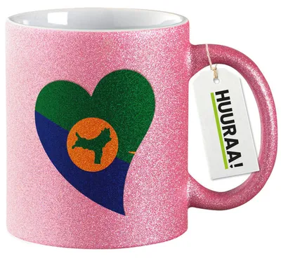 Produktbild von Huuraa Glitzertasse Weihnachtsinsel Flagge Herz 330ml Pink Keramik Kaffeebecher Geschenkidee