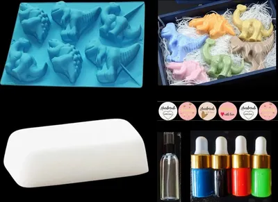 Produktbild von GKA farbige Seife Seifenherstellung bunte Dinosaurier Seife zum selber machen Set für Kinder mit Seifenfarbe weiße Seife Sheabutter und viel Zubehör