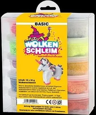A product package containing multiple small containers of colorful slime.