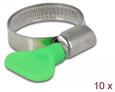 Produktbild von DeLOCK Schlauchschelle mit Flügelmutter 22 - 32 mm 10 Stück grün, Schraubklemme (Schneckengetriebe), Schwarz, Grün, Kunststoff, Edelstahl, 3,2 cm, China