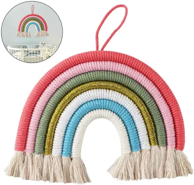 Produktbild von Makramee Regenbogen Deko, Bohomian Handgefertigte Wandteppich Wandbehang Kindergeburtstag Deko, Makramee aus 7 Geflochtenen Kordeln Wanddeko Kinderzimmer (1)