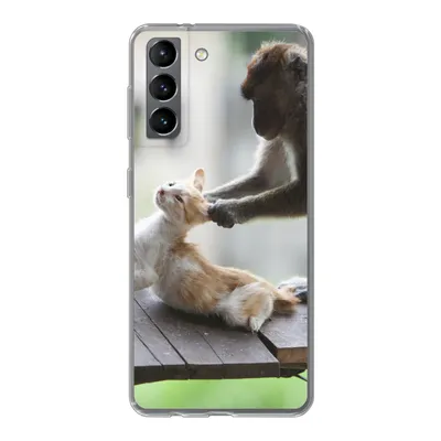 Produktbild von MuchoWow® Handyhülle Schutzhülle Hülle für Samsung Galaxy S21 Katze - Affe - Holz Silikon Softcase Handy Hülle - Softcase