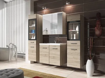 A modern bathroom vanity set with a sink, mirror, and storage cabinets.