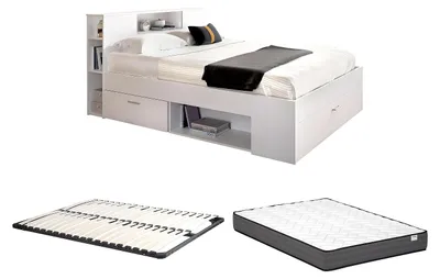 Produktbild von Bett mit Kopfteil, Stauraum & Schubladen + Lattenrost + Matratze - 160 x 200 cm - Weiß - LEANDRE