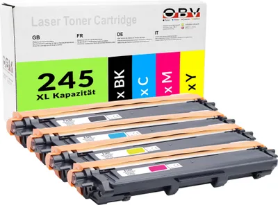 A set of compatible toner cartridges for a printer, displayed in front of their packaging.