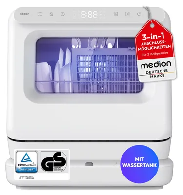 Produktbild von MEDION Mini Geschirrspüler DWT30, 3 Maßgedecke, 3in1 Tischgeschirrspüler, mit/ohne Wasseranschluss, Tank Eimer & Anschluss, 6 Programme, UV-Licht, Lüfter-Trocknung, freistehend, Camping, MD370022