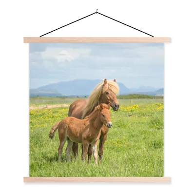 Produktbild von MuchoWow® Textilposter Pferde - Fohlen - Gebirge 60x60 cm mit holzfarbenen Rahmen - Wanddekoration