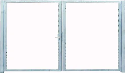 A double-leaf gate made of galvanized metal, shown against a white background.