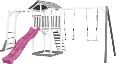 Produktbild von AXI Beach Tower Spielturm aus Holz in Weiß & Grau | Spielhaus für Kinder mit lila Rutsche, Klettergerüst, Doppelschaukel und Sandkasten | Stelzenhaus für den Garten