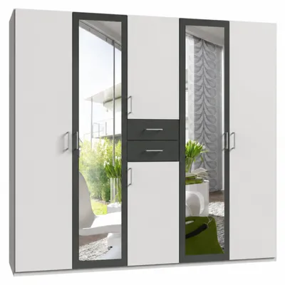 Produktbild von Drehtürenschrank Kleiderschrank 225 cm Schubladen Spiegel Ausstattung Weiß und Grafit / 22590