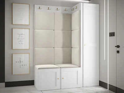 Produktbild von MIRJAN24 Garderoben-Set Orion Ramiro IX, Kleiderschrank, Schuhschrank, 2x Kleiderhakenbrett, 11x Paneel 42x42, 4 Kleiderhaken für Kleidung, Metallgriffe (Farbe: Weiß, Manila 02)