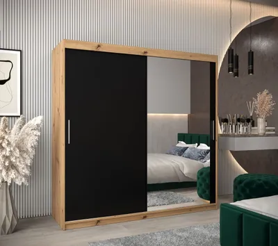 Produktbild von Schwebetürenschrank mit einer Breite von 200 cm TIMEA 2 – Eiche Artisan / Schwarz