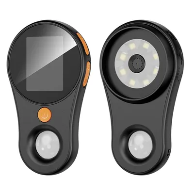 Two views of a black digital microscope with orange accents and a white sensor/light.