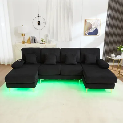 Immagine prodotto di LVHOM Divano angolare a U con funzione letto e illuminazione a LED, divano da salotto con connessione USB, divano in tessuto a coste, nero