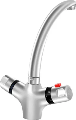 Zdjęcie produktu dla Bateria kuchenna – bateria termostatyczna – 2 uchwyty – 20–50 °C – obrotowa wylewka 360° – wysokość 23 cm – perlator 24 mm – srebrna