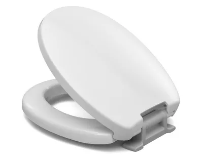 A white toilet seat and lid are shown in an open position against a white background.