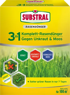 Produktbild von Substral 3in1 Komplettrasendünger, 3,6 kg für 100m² Rasenfläche, mit Unkrautvernichter und Moosvernichter