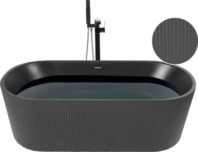 A matte black, oval-shaped bathtub filled with dark water, featuring a ribbed exterior texture and a modern black faucet. A circular inset shows a close-up of the ribbed texture.