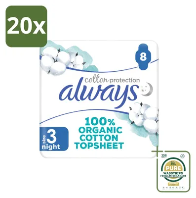 Imagen del producto de 20 toallas sanitarias nocturnas Always Baumwolle Protection con alas, 100% algodón orgánico, paquete de ahorro, 20 unidades