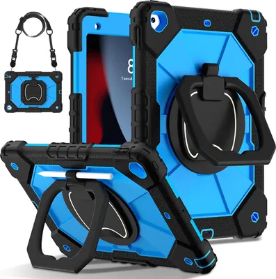 Image de Etui pour iPad 9th Gen/ 8th Gen/ 7th Gen, iPad 10,2" 2021/2020/2019, étui de protection durable et portable avec support, dragonne et bandoulière noir bleu