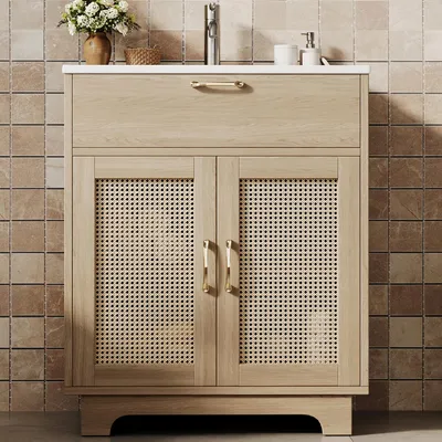 Produktbild von Freistehender Badezimmerwaschtisch 76x46x88 cm Schubladenlift Soft-Close Rattan Natur